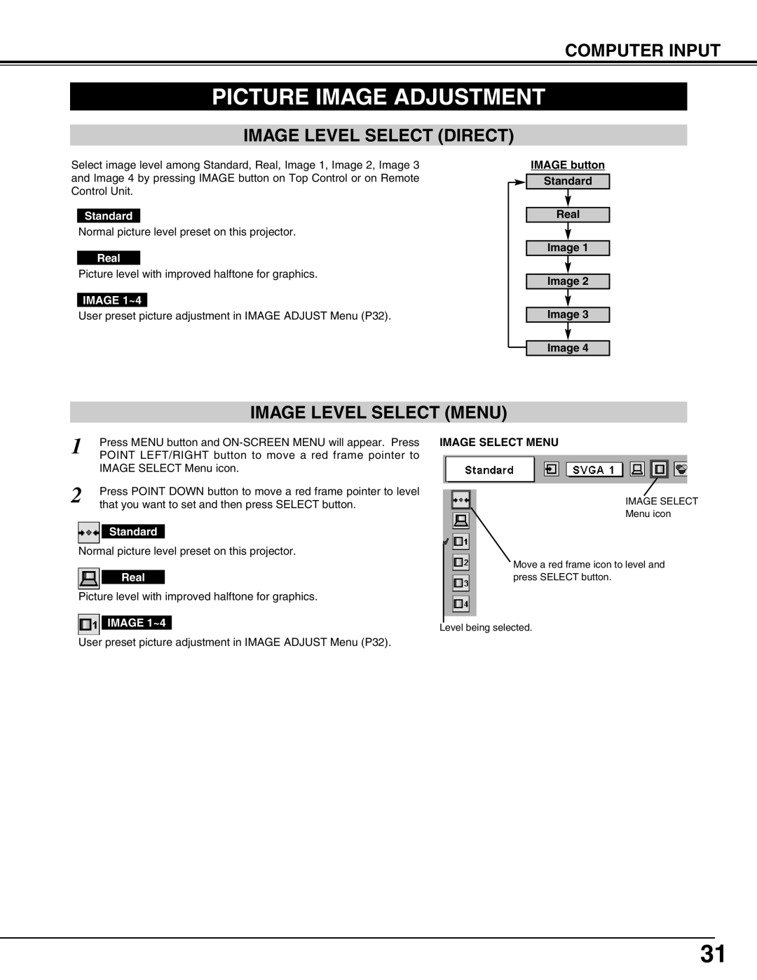 Eiki LC-SX4LA Picture Image Adjustment, Image Level Select Direct, Image Level Select Menu, Image Select Menu 