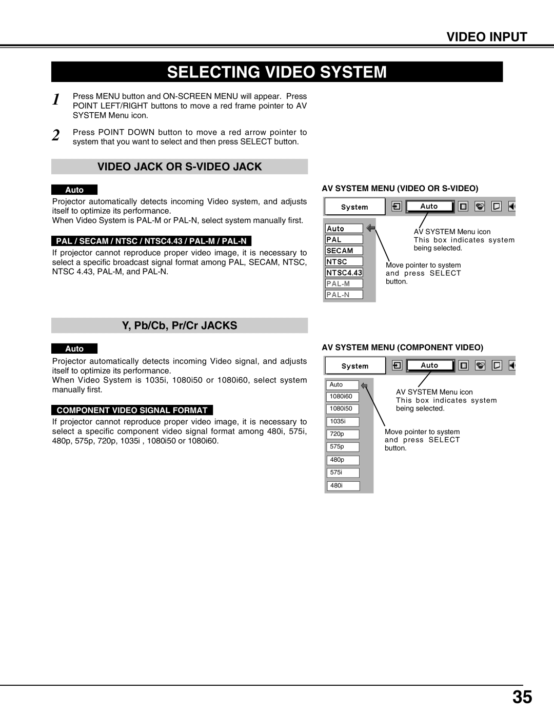 Eiki LC-SX4LA Selecting Video System, Video Input, Auto, AV System Menu Video or S-VIDEO, AV System Menu Component Video 