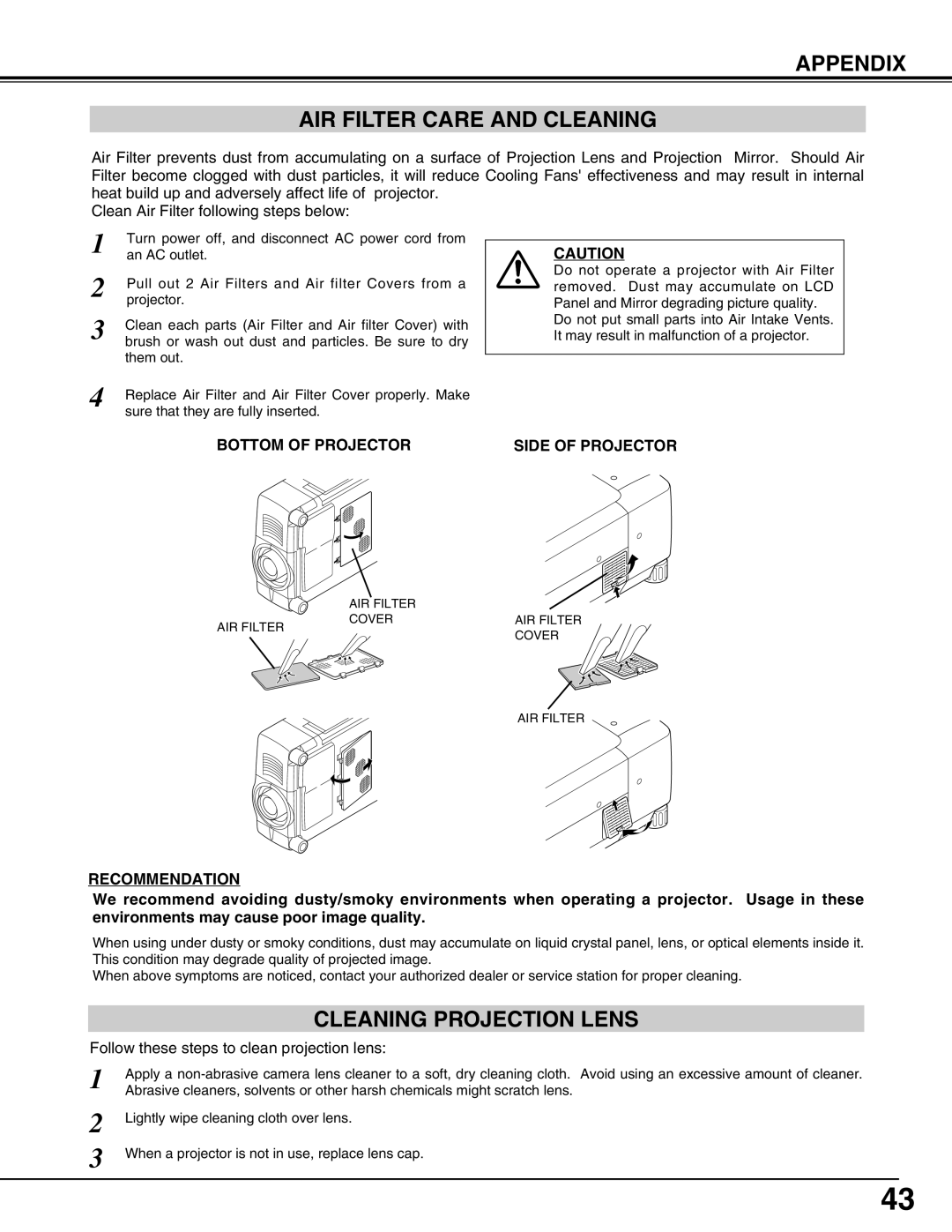 Eiki LC-SX4LA instruction manual Appendix AIR Filter Care and Cleaning, Cleaning Projection Lens 