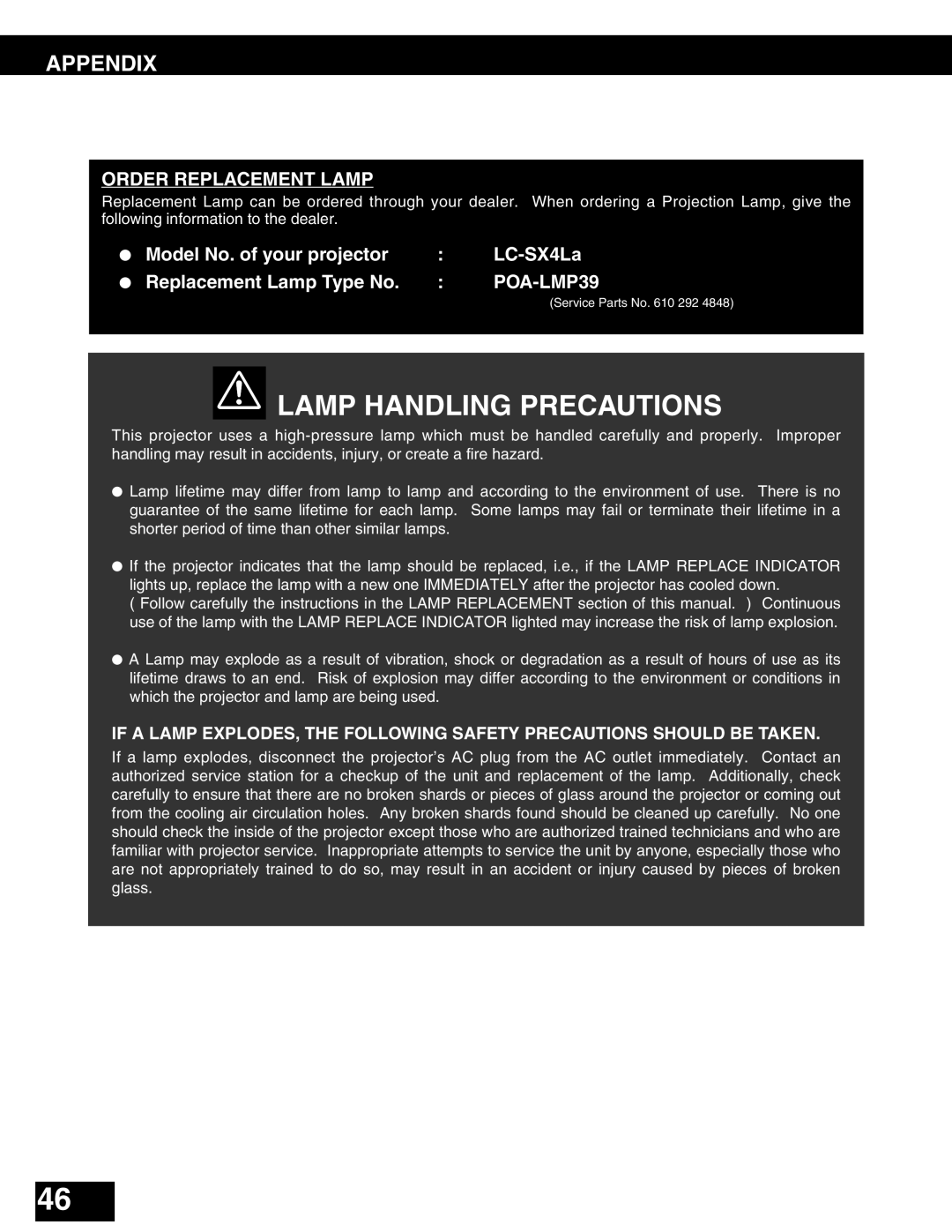 Eiki LC-SX4LA instruction manual Lamp Handling Precautions 