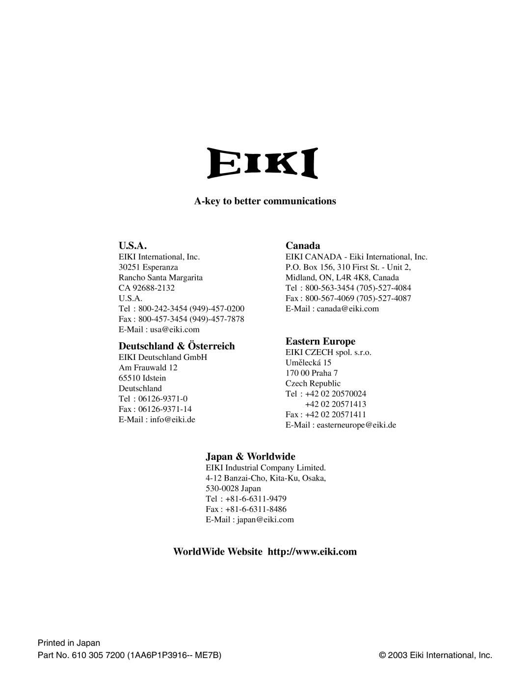 Eiki LC-SX4LA instruction manual Key to better communications Canada 