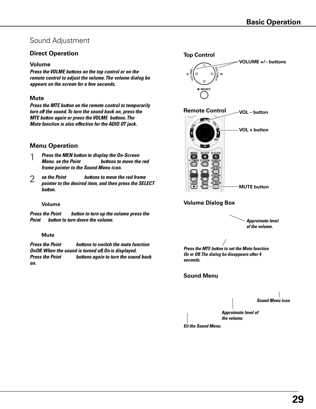 Eiki LC-SXG400L owner manual Sound Adjustment, Direct Operation, Menu Operation 