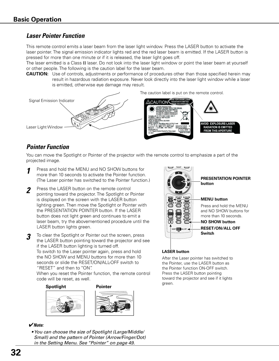 Eiki LC-SXG400L owner manual Laser Pointer Function, Spotlight 