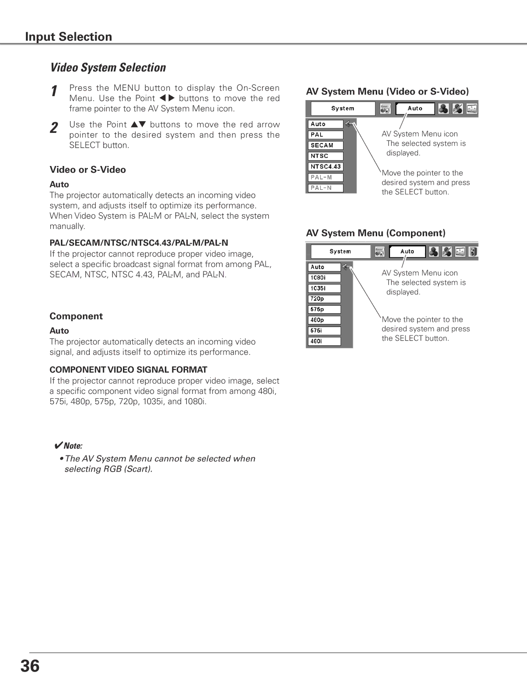 Eiki LC-SXG400L owner manual Video System Selection, AV System Menu Video or S-Video, AV System Menu Component 