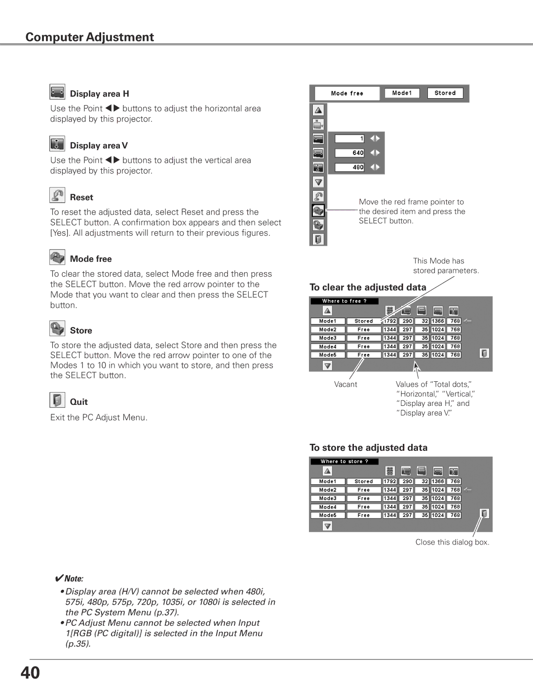 Eiki LC-SXG400L owner manual To clear the adjusted data, To store the adjusted data 