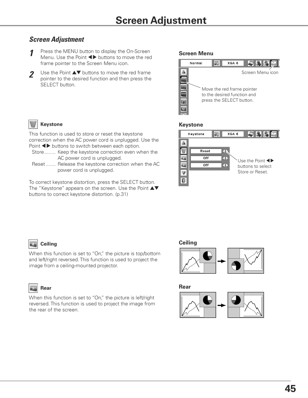 Eiki LC-SXG400L owner manual Screen Adjustment, Screen Menu, Keystone 