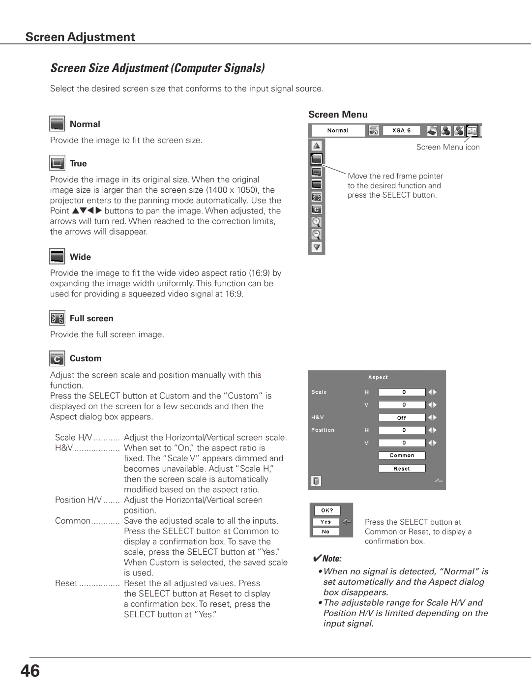 Eiki LC-SXG400L owner manual Screen Size Adjustment Computer Signals 