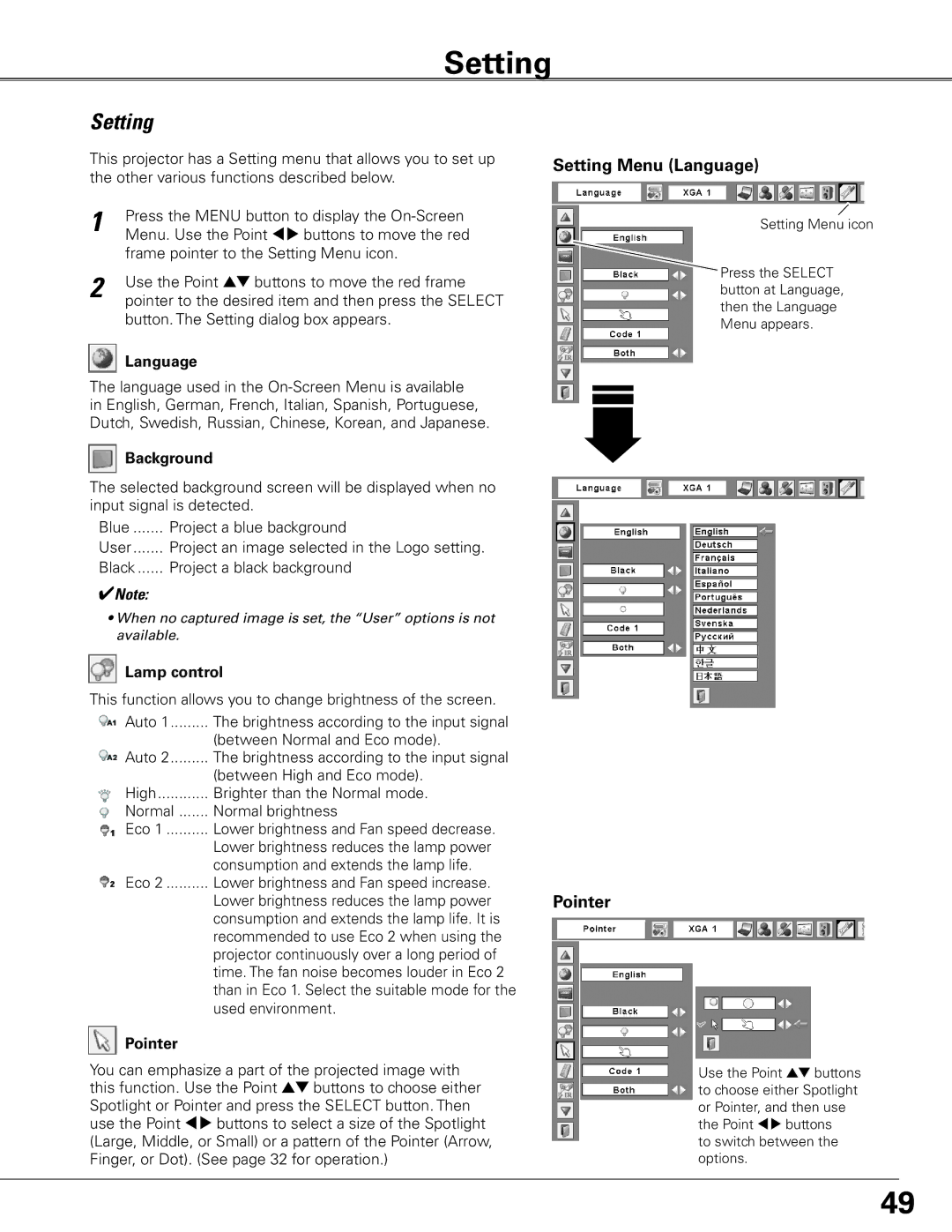 Eiki LC-SXG400L owner manual Setting Menu Language, Pointer 