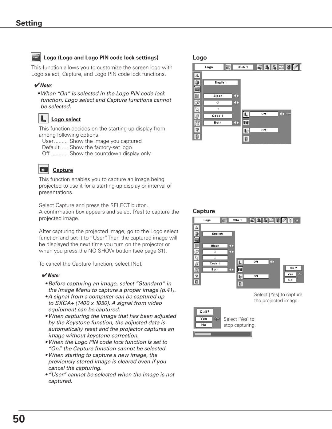 Eiki LC-SXG400L owner manual Logo Capture, Logo Logo and Logo PIN code lock settings, Logo select 