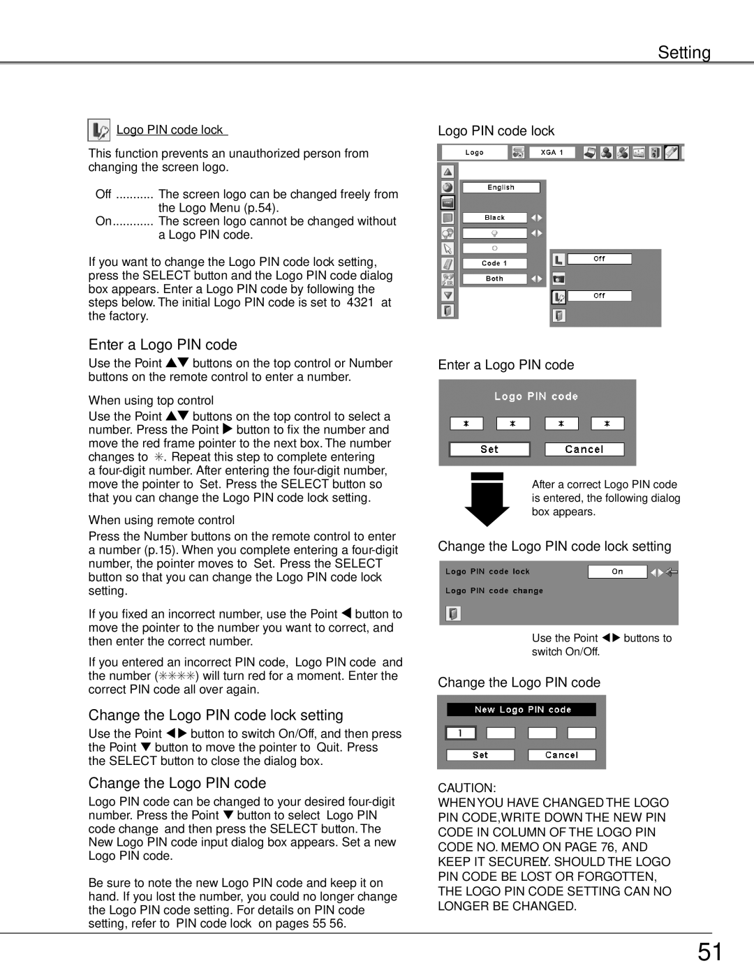 Eiki LC-SXG400L owner manual Enter a Logo PIN code, Change the Logo PIN code lock setting, Change the Logo PIN code 