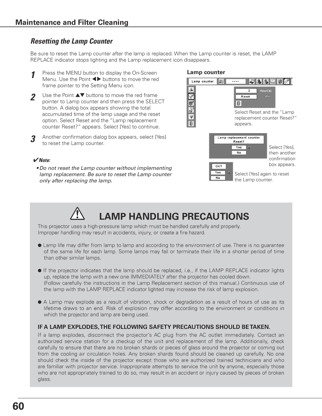 Eiki LC-SXG400L owner manual Resetting the Lamp Counter, Lamp counter 