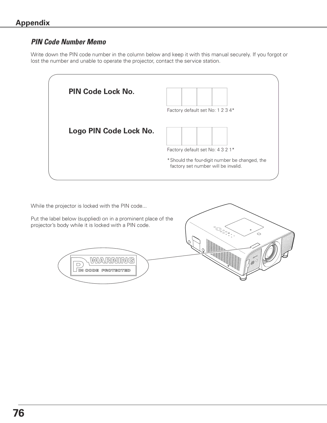 Eiki LC-SXG400L owner manual PIN Code Number Memo, Logo PIN Code Lock No 