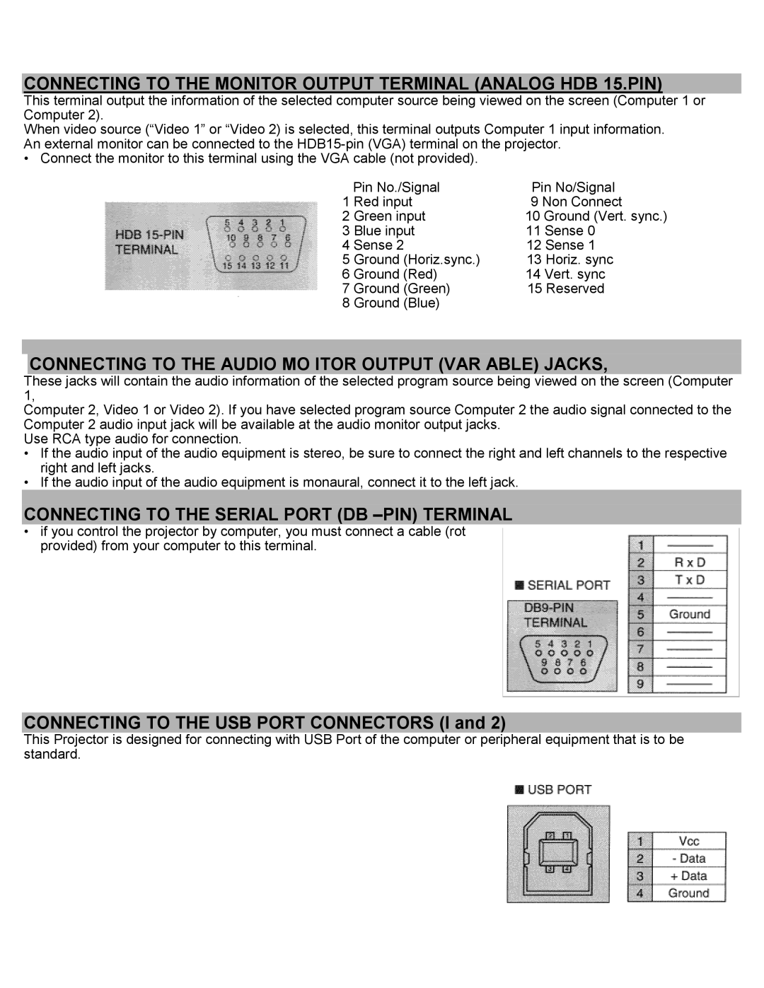 Eiki LC-SXIUL Connecting to the Monitor Output Terminal Analog HDB 15.PIN, Connecting to the Serial Port DB -PIN Terminal 