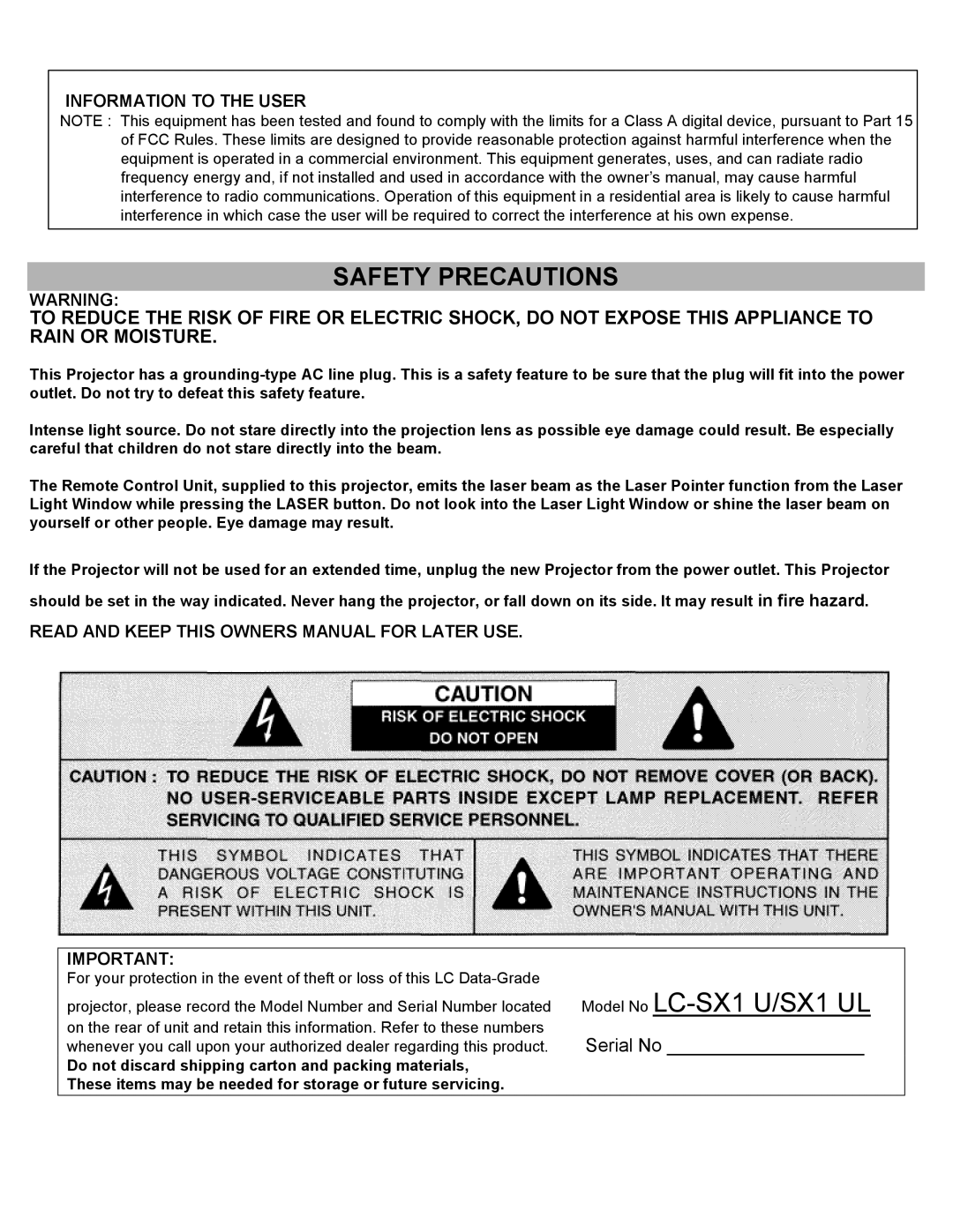 Eiki LC-SXIUL instruction manual Safety Precautions, Information to the User 