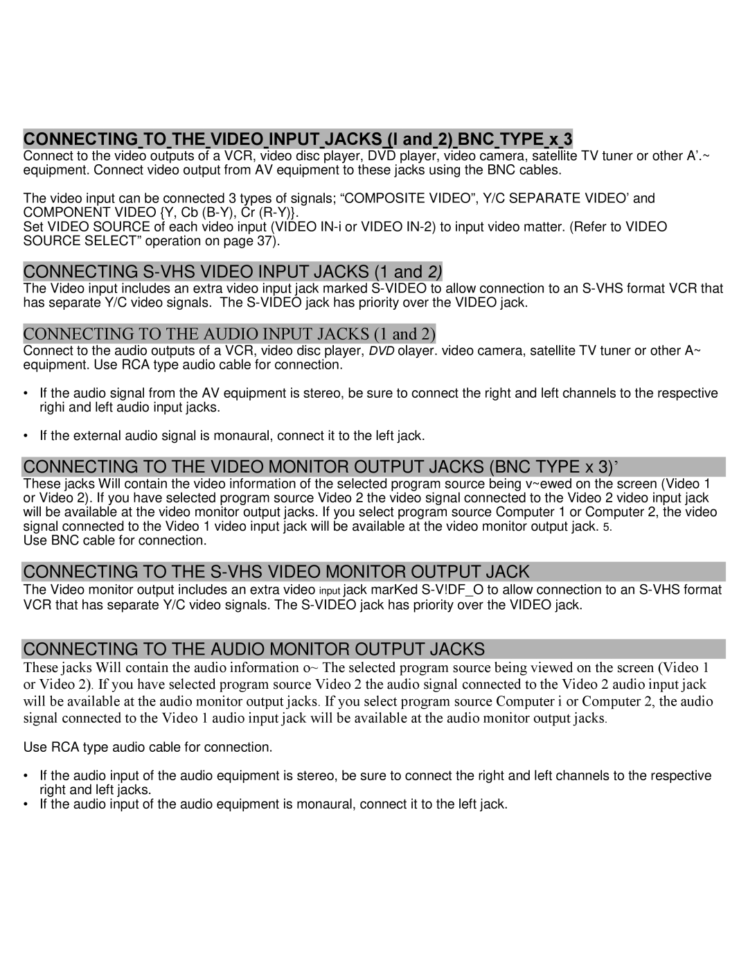 Eiki LC-SXIUL instruction manual Connecting to the Video Input Jacks I and 2 BNC Type x 