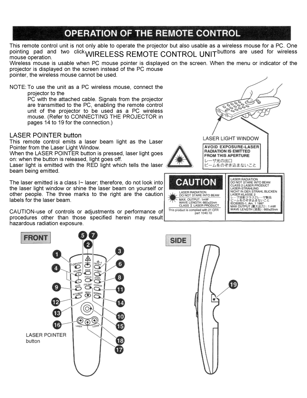 Eiki LC-SXIUL instruction manual Laser Pointer button 