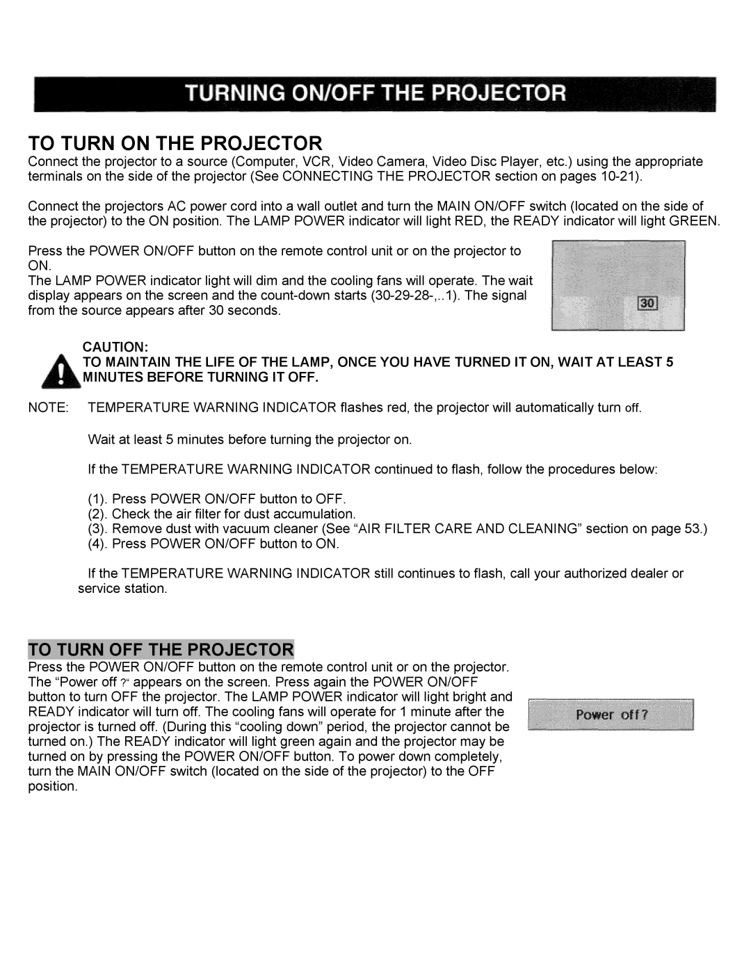 Eiki LC-SXIUL instruction manual To Turn on the Projector, To Turn OFF the Projector 