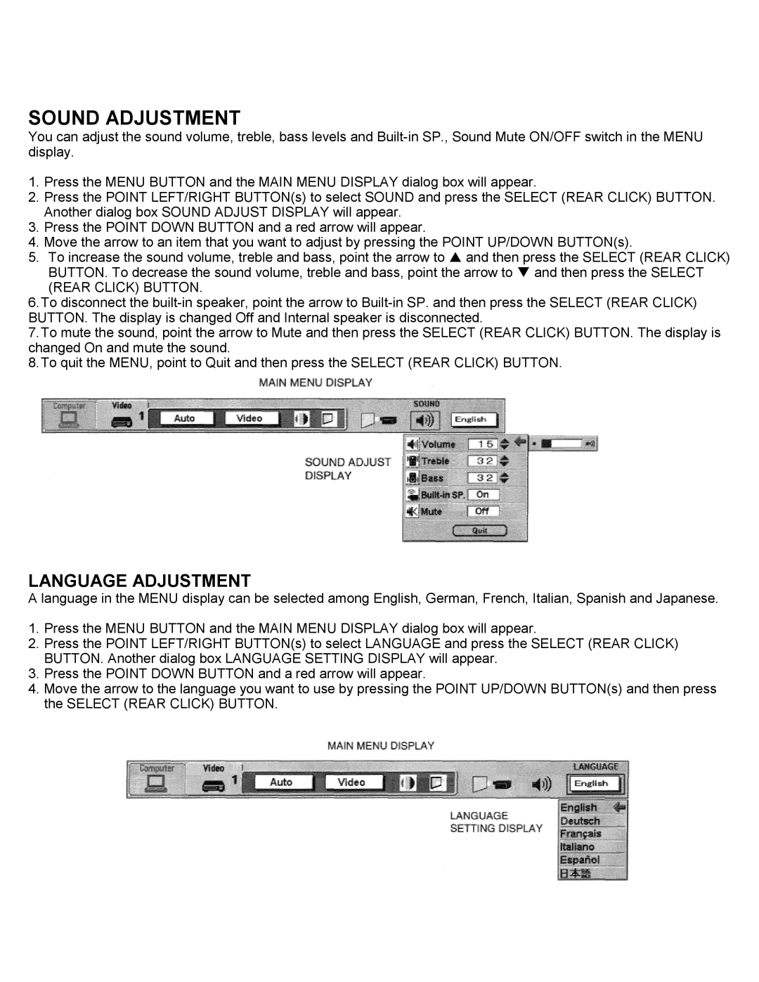 Eiki LC-SXIUL instruction manual Sound Adjustment, Language Adjustment 