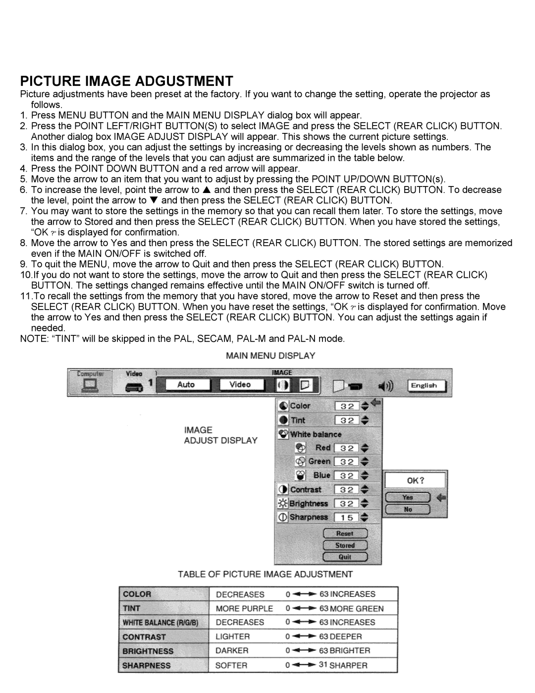 Eiki LC-SXIUL instruction manual Picture Image Adgustment 