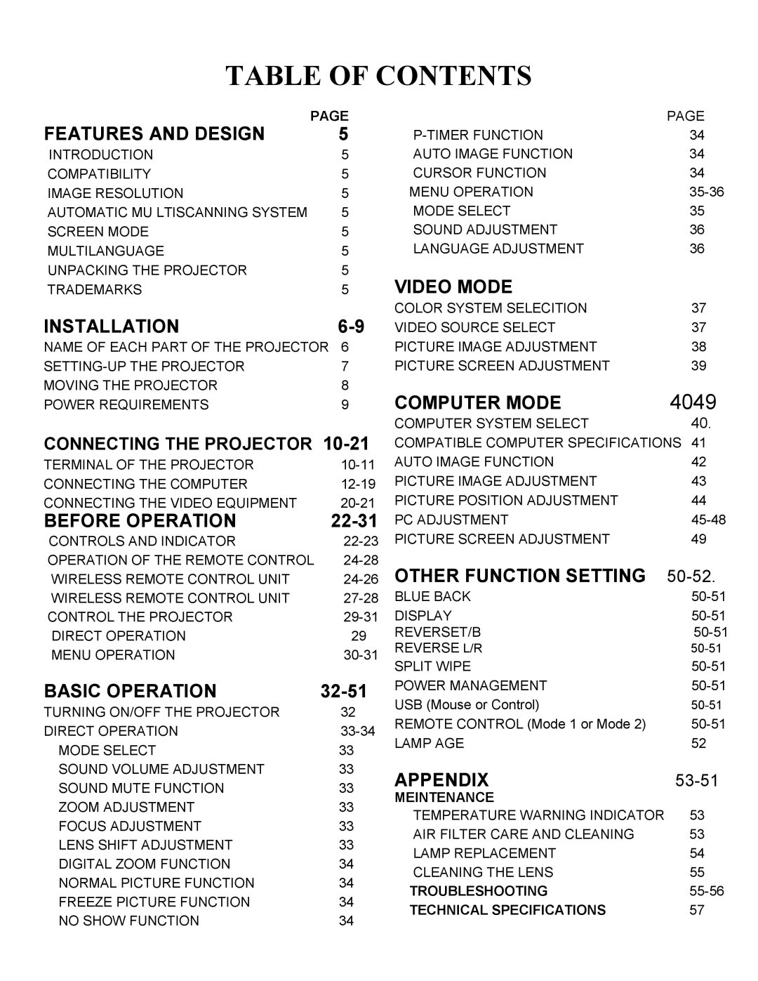 Eiki LC-SXIUL instruction manual Table of Contents 