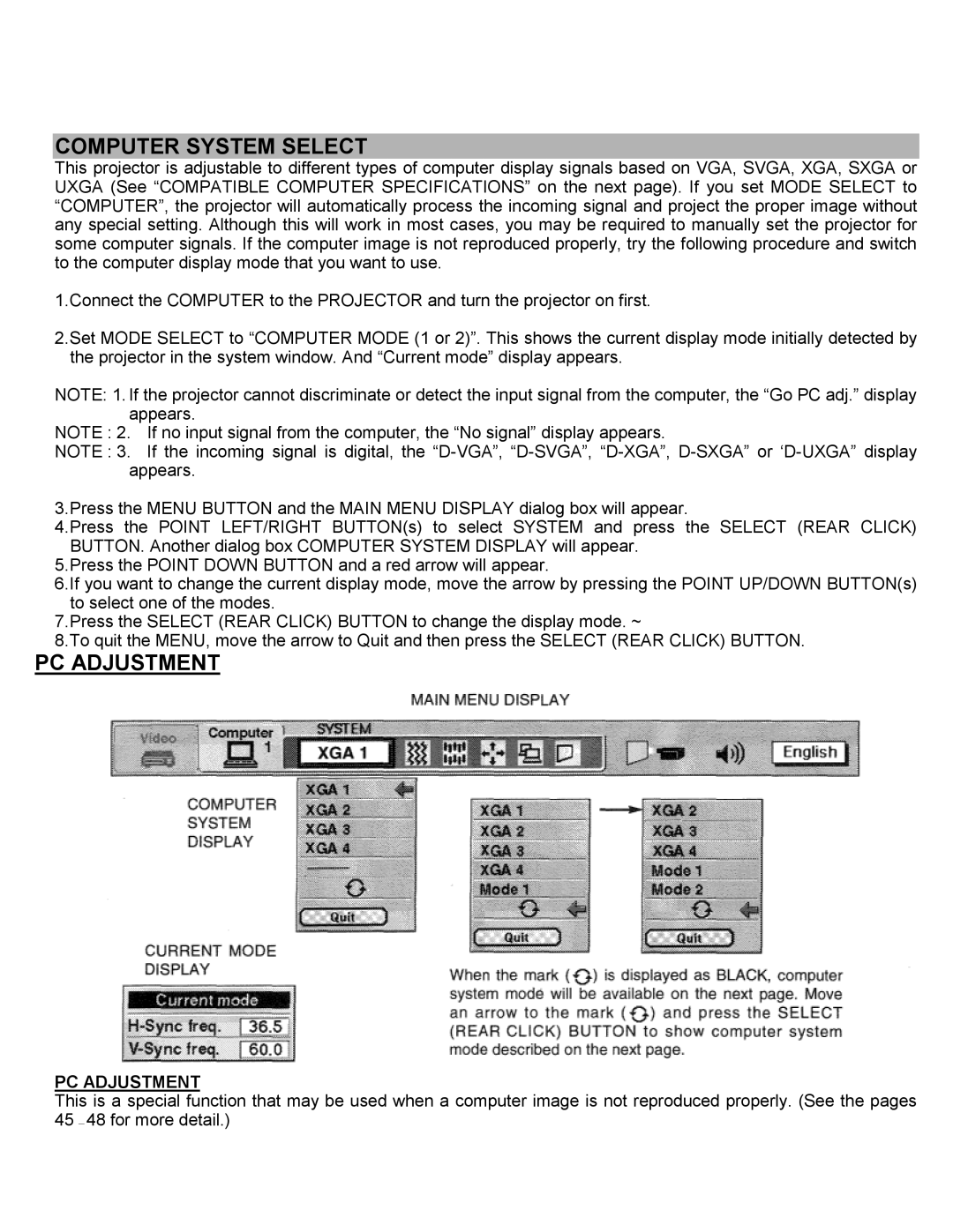 Eiki LC-SXIUL instruction manual Computer System Select, PC Adjustment 