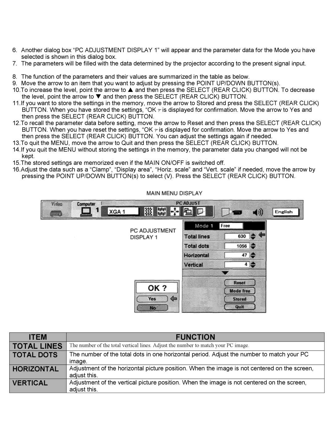 Eiki LC-SXIUL instruction manual Function, Total Lines 