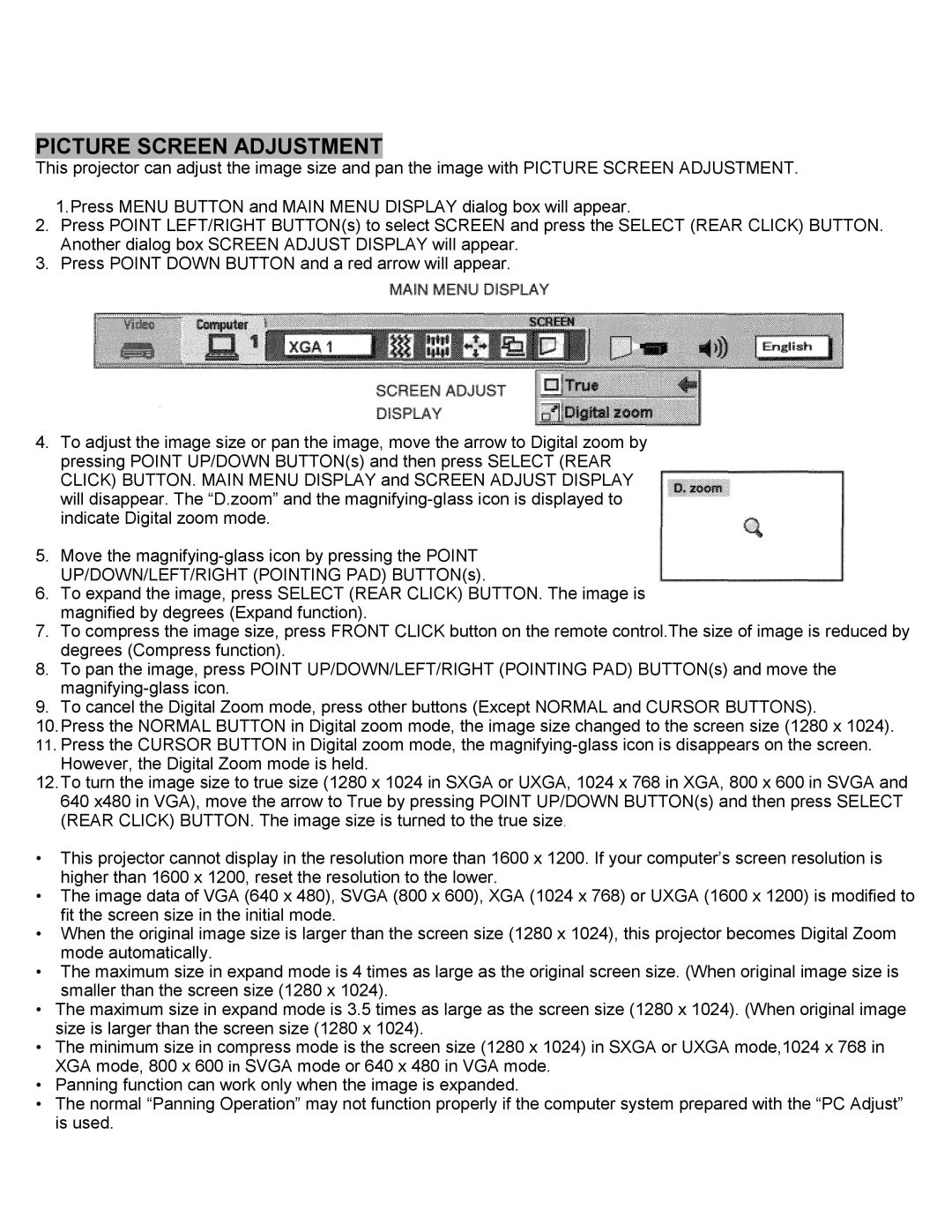 Eiki LC-SXIUL instruction manual Picture Screen Adjustment 