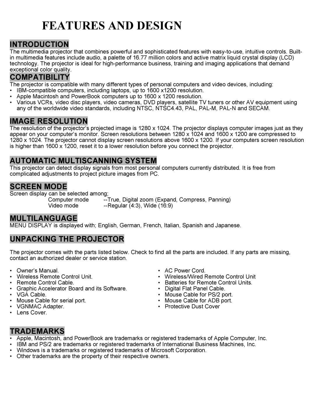 Eiki LC-SXIUL instruction manual Features and Design 