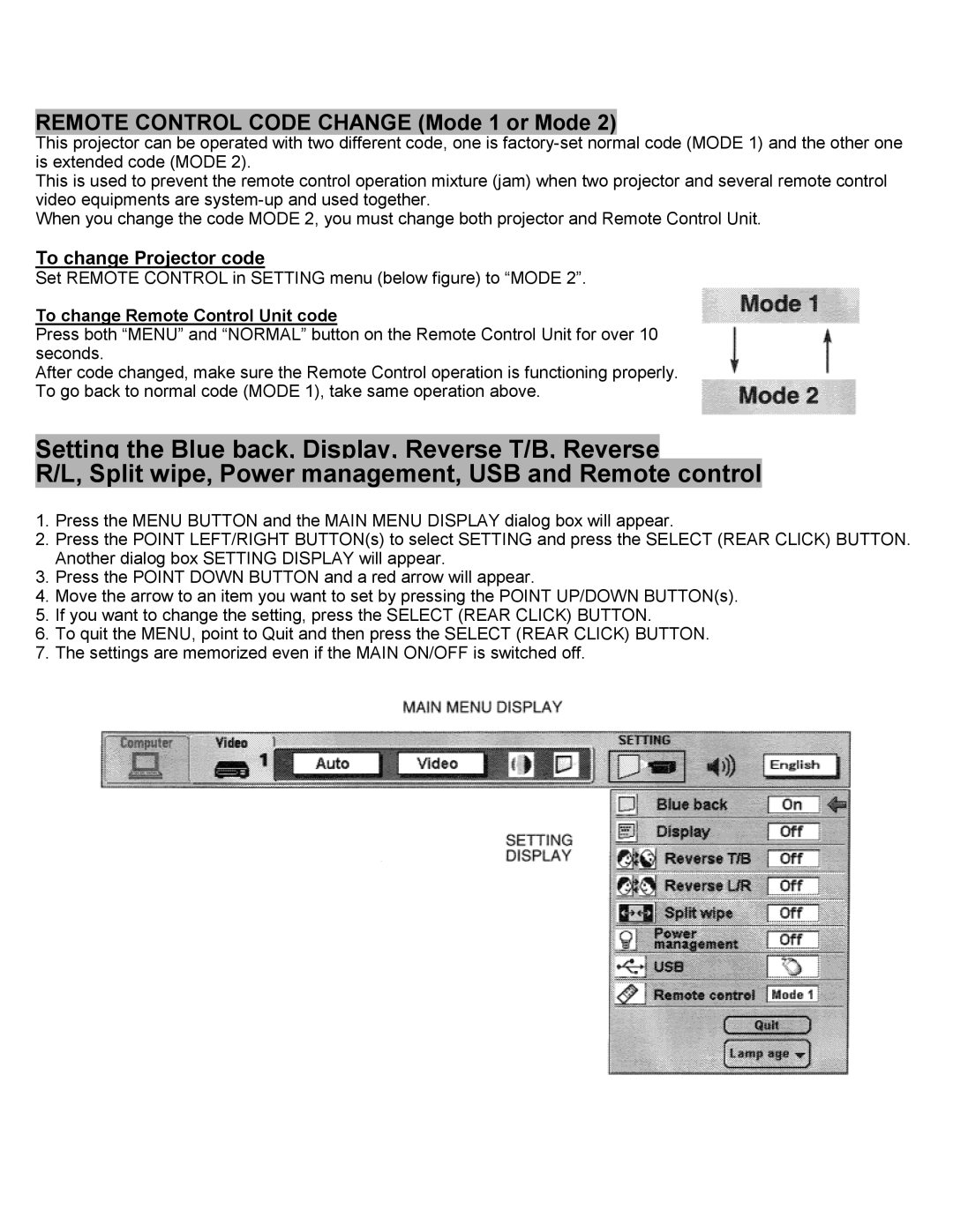 Eiki LC-SXIUL instruction manual Remote Control Code Change Mode 1 or Mode 