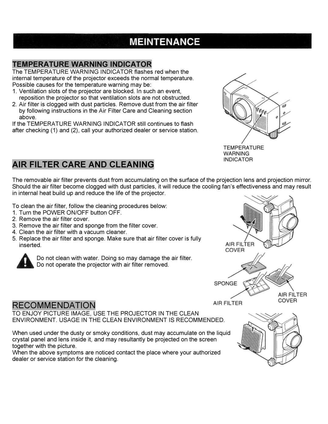 Eiki LC-SXIUL instruction manual AIR Filter Care and Cleaning, Temperature Warning Indicator 