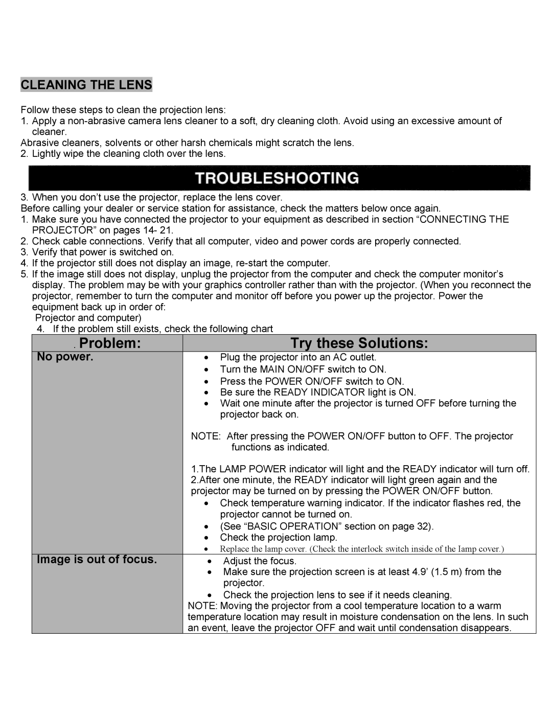 Eiki LC-SXIUL instruction manual Problem Try these Solutions, Cleaning the Lens 