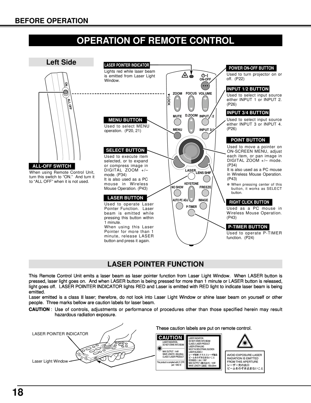 Eiki LC-UXT1 instruction manual Operation Of Remote Control, Left Side, Laser Pointer Function, Before Operation 