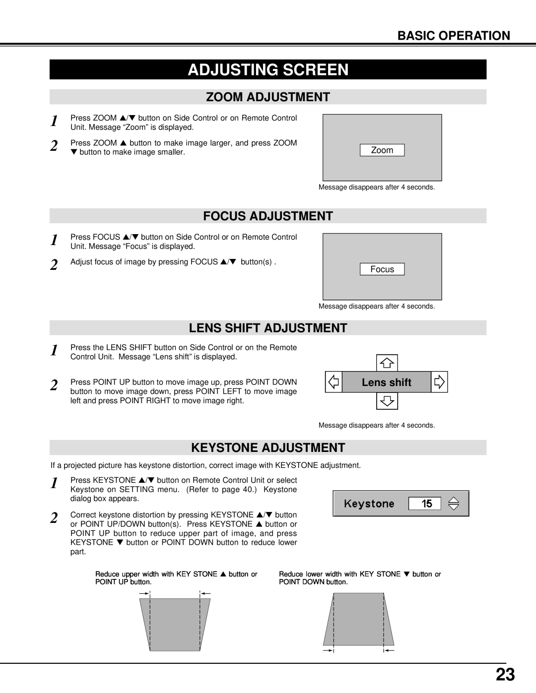 Eiki LC-UXT1 instruction manual Adjusting Screen, Zoom Adjustment, Focus Adjustment, Keystone Adjustment, Basic Operation 