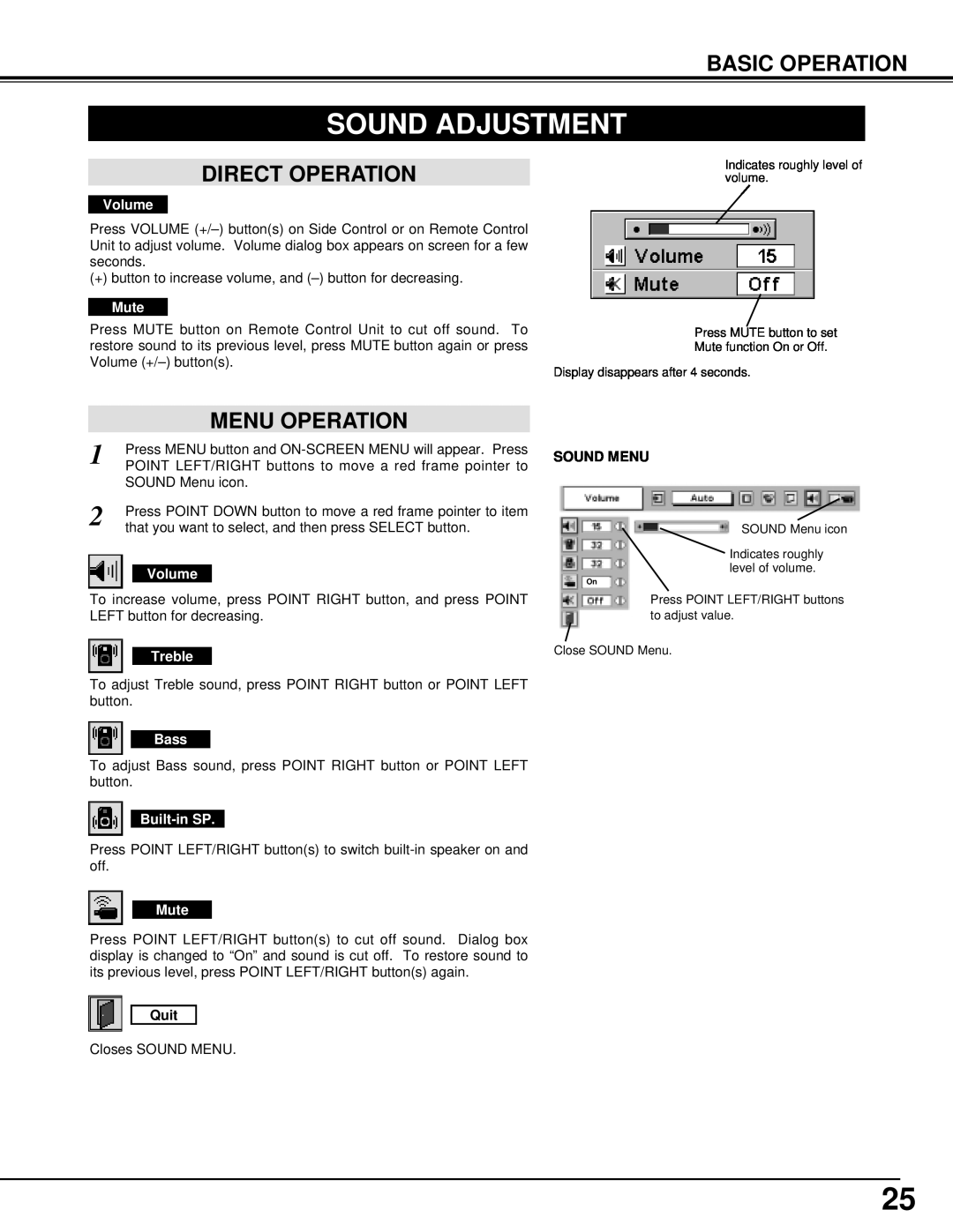 Eiki LC-UXT1 instruction manual Sound Adjustment, Direct Operation, Menu Operation, Basic Operation, Quit, Sound Menu 
