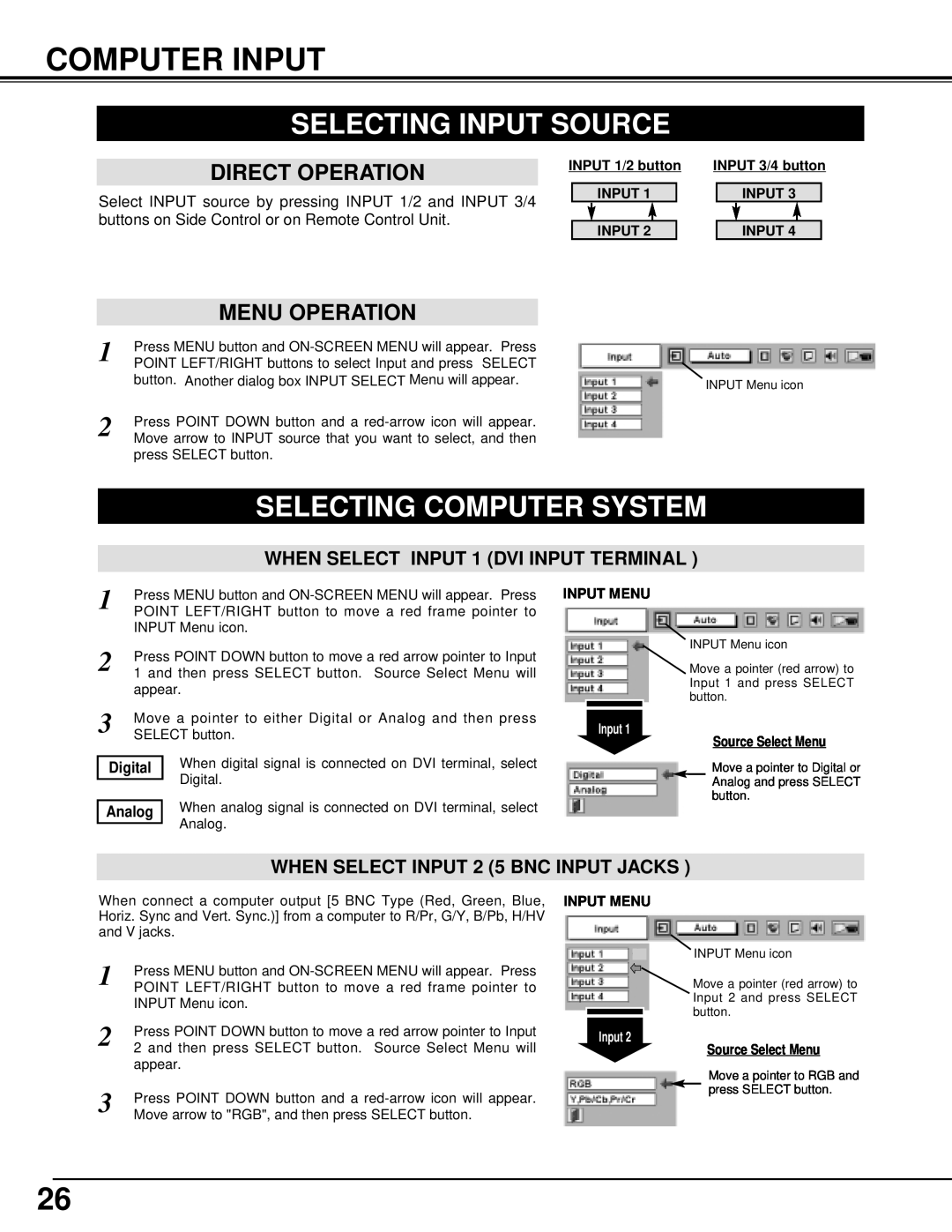 Eiki LC-UXT1 Computer Input, Selecting Input Source, Selecting Computer System, Direct Operation, Menu Operation 