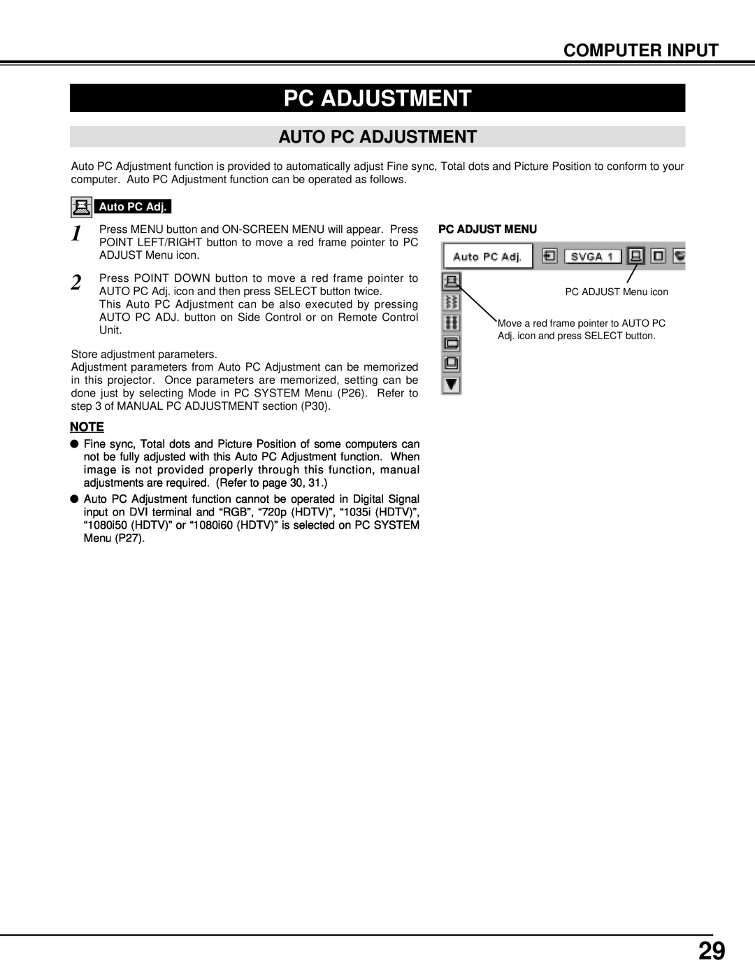 Eiki LC-UXT1 instruction manual Computer Input, Auto Pc Adjustment 