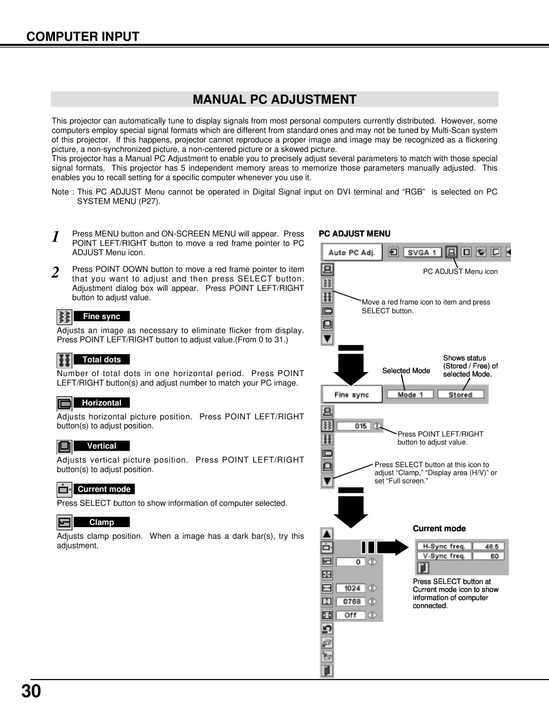 Eiki LC-UXT1 Computer Input Manual Pc Adjustment, Fine sync, Total dots, Horizontal, Vertical, Current mode, Clamp 