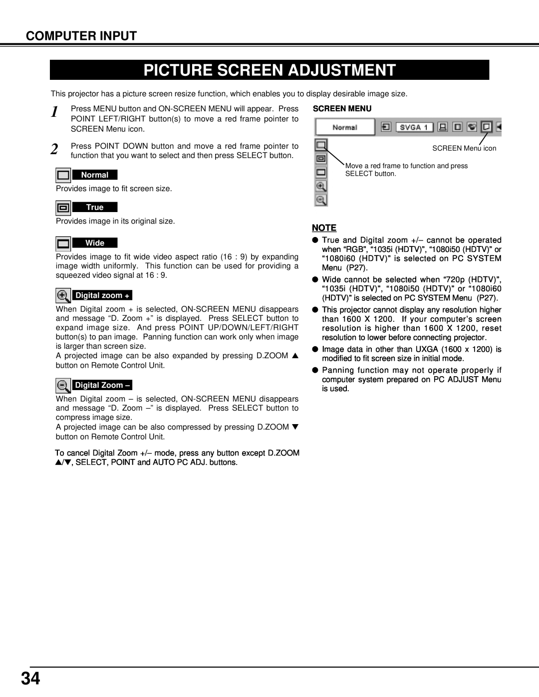 Eiki LC-UXT1 instruction manual Picture Screen Adjustment, Computer Input, Screen Menu 