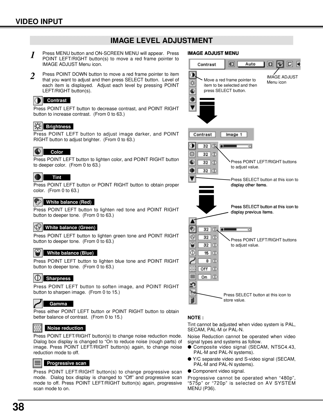 Eiki LC-UXT1 instruction manual Video Input Image Level Adjustment, Image Adjust Menu 