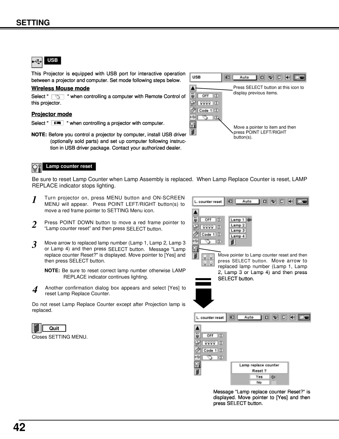 Eiki LC-UXT1 instruction manual Setting, Wireless Mouse mode, Projector mode, Lamp counter reset 