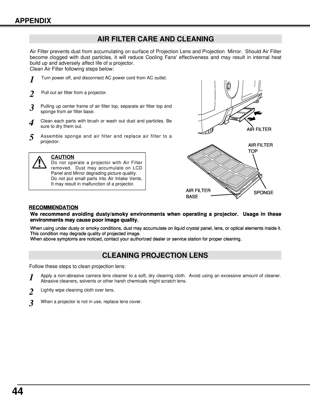Eiki LC-UXT1 instruction manual Appendix Air Filter Care And Cleaning, Cleaning Projection Lens, Recommendation 