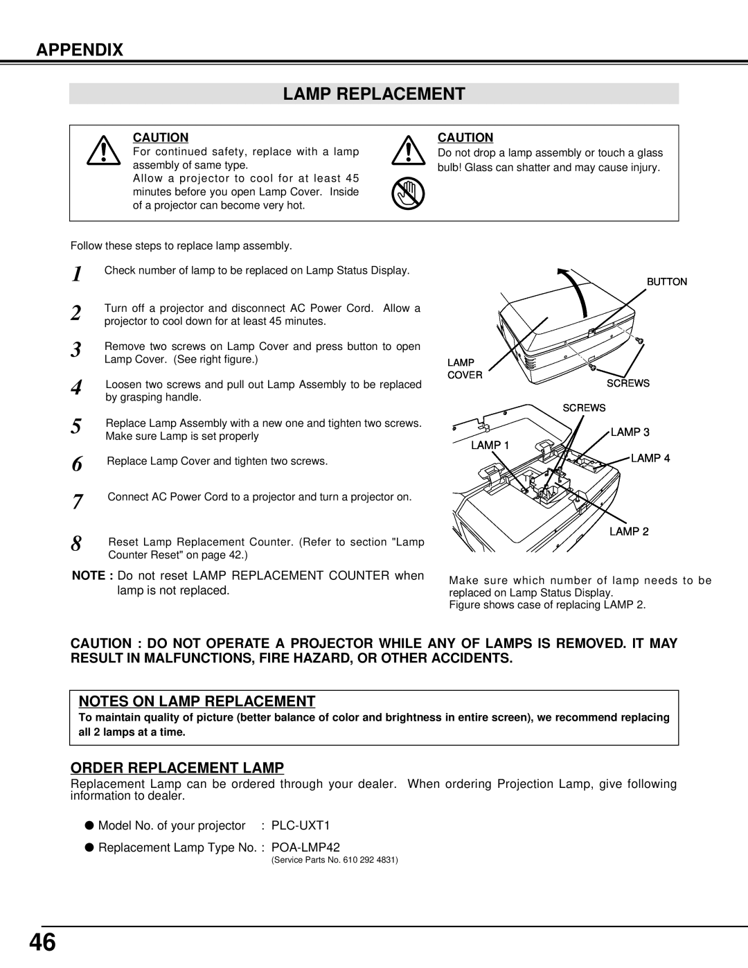 Eiki LC-UXT1 instruction manual Appendix Lamp Replacement, Notes On Lamp Replacement, Order Replacement Lamp 
