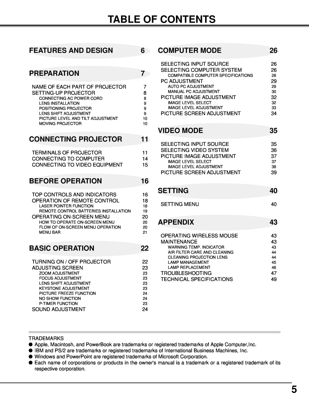 Eiki LC-UXT1 Table Of Contents, Features And Design, Computer Mode, Preparation, Connecting Projector, Video Mode, Setting 