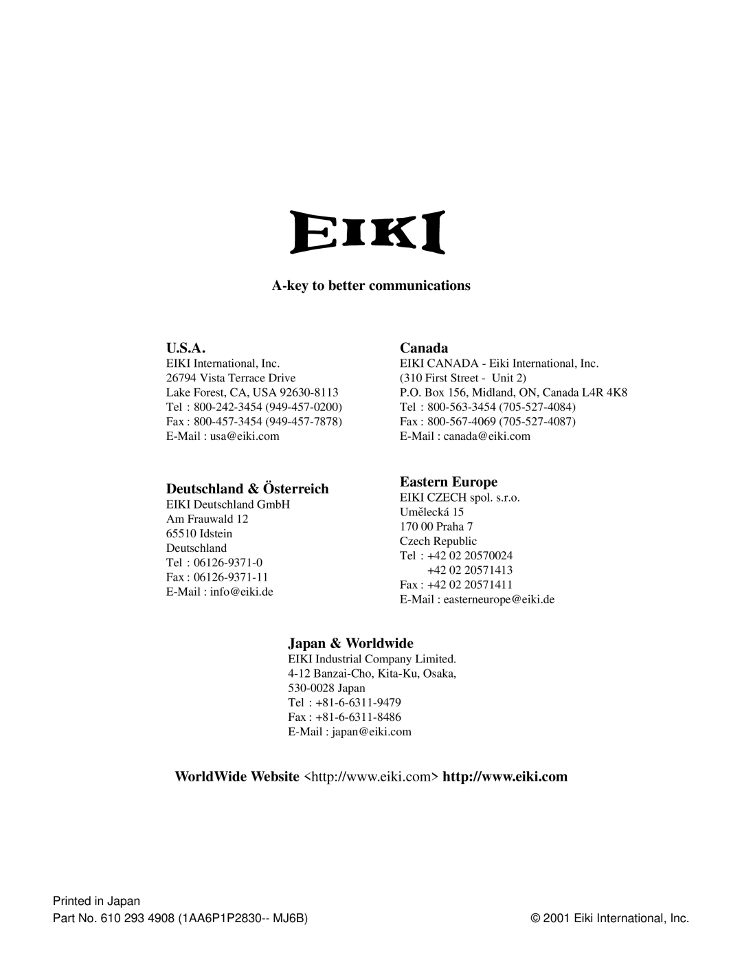 Eiki LC-UXT1 A-key to better communications, U.S.A, Canada, Deutschland & Österreich, Eastern Europe, Japan & Worldwide 