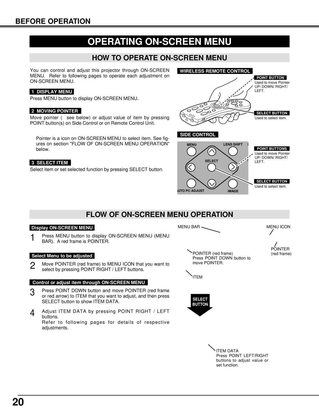 Eiki LC-UXT1 instruction manual Operating ON-SCREEN Menu, HOW to Operate ON-SCREEN Menu, Flow of ON-SCREEN Menu Operation 