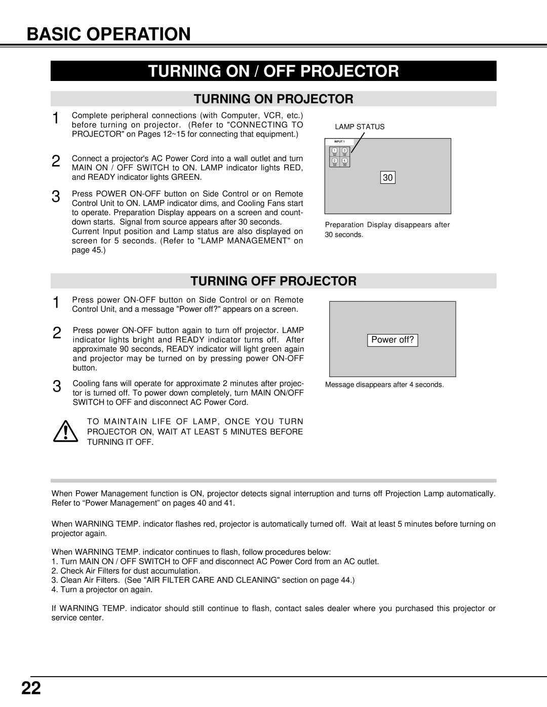 Eiki LC-UXT1 instruction manual Basic Operation, Turning on / OFF Projector, Turning on Projector, Turning OFF Projector 