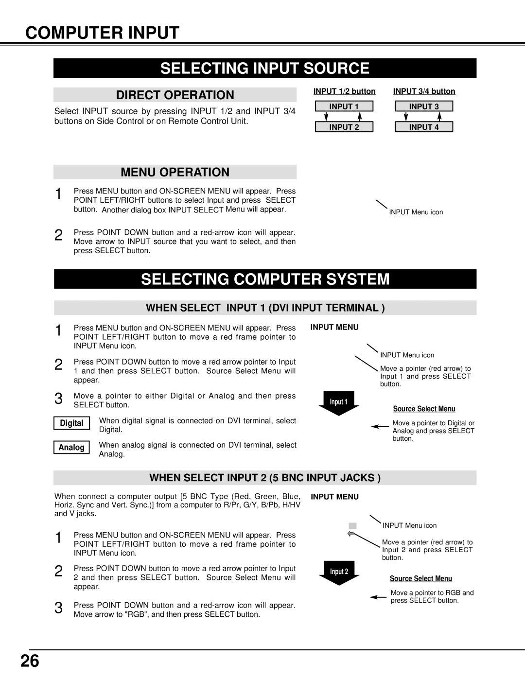 Eiki LC-UXT1 instruction manual Computer Input, Selecting Input Source, Selecting Computer System, Input Menu 