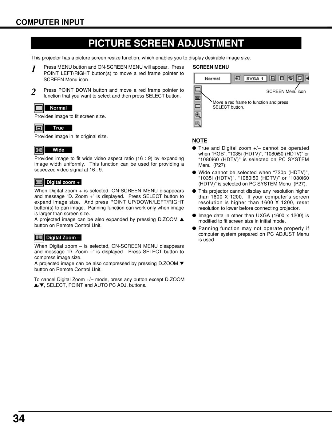 Eiki LC-UXT1 instruction manual Picture Screen Adjustment, Screen Menu 