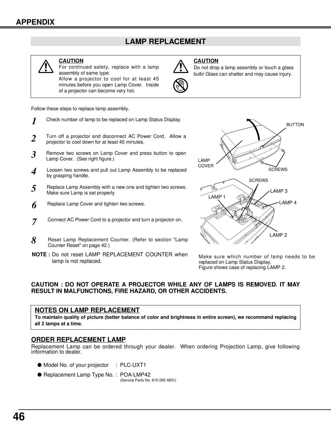 Eiki LC-UXT1 instruction manual Appendix Lamp Replacement, Order Replacement Lamp 