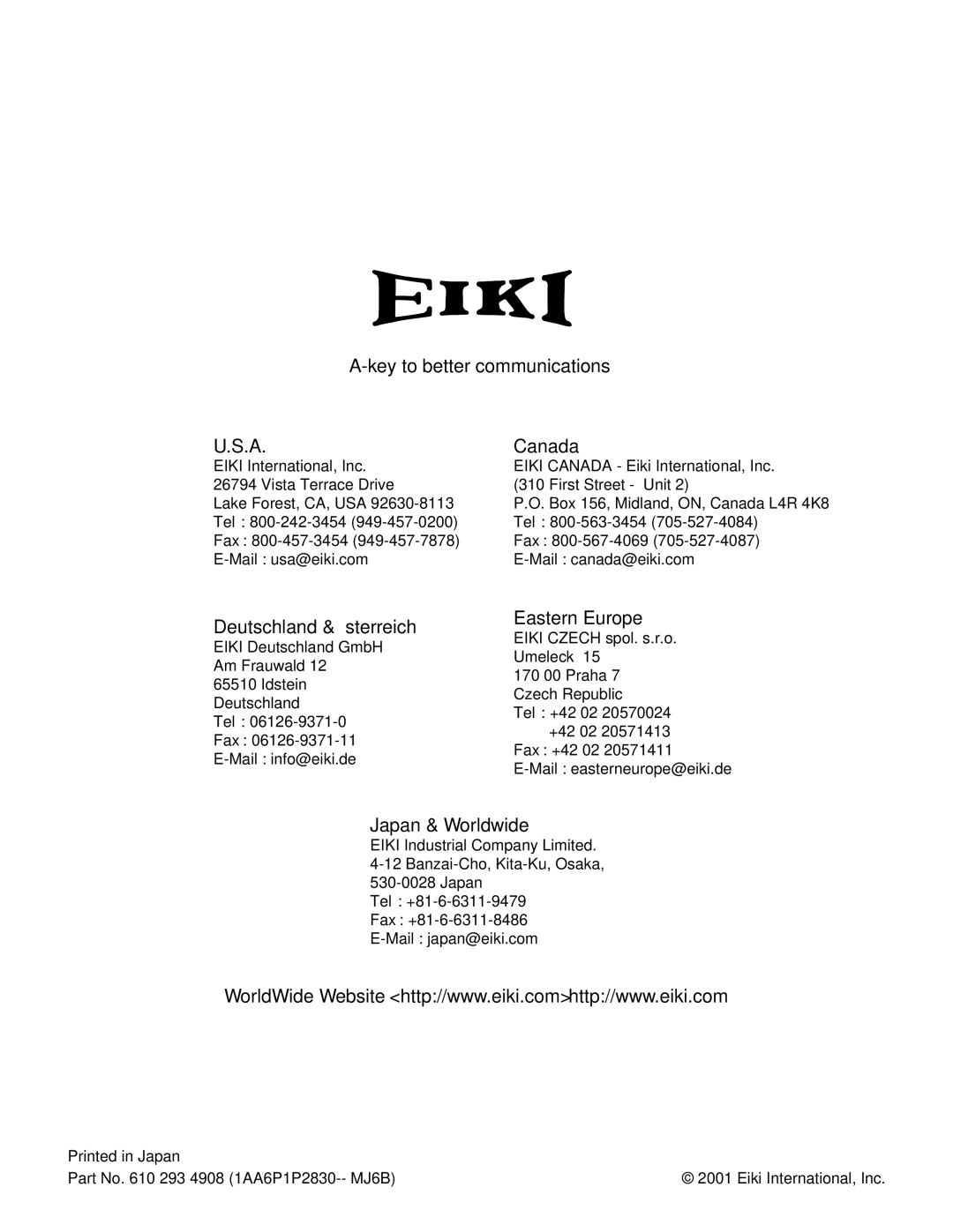 Eiki LC-UXT1 instruction manual Key to better communications Canada 